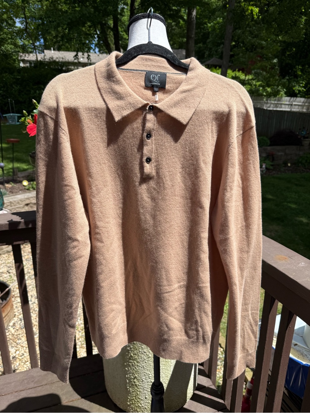 Qi Cashmere Sweater Mens Large L Beige 100% Cashmere Knit Pullover Collared